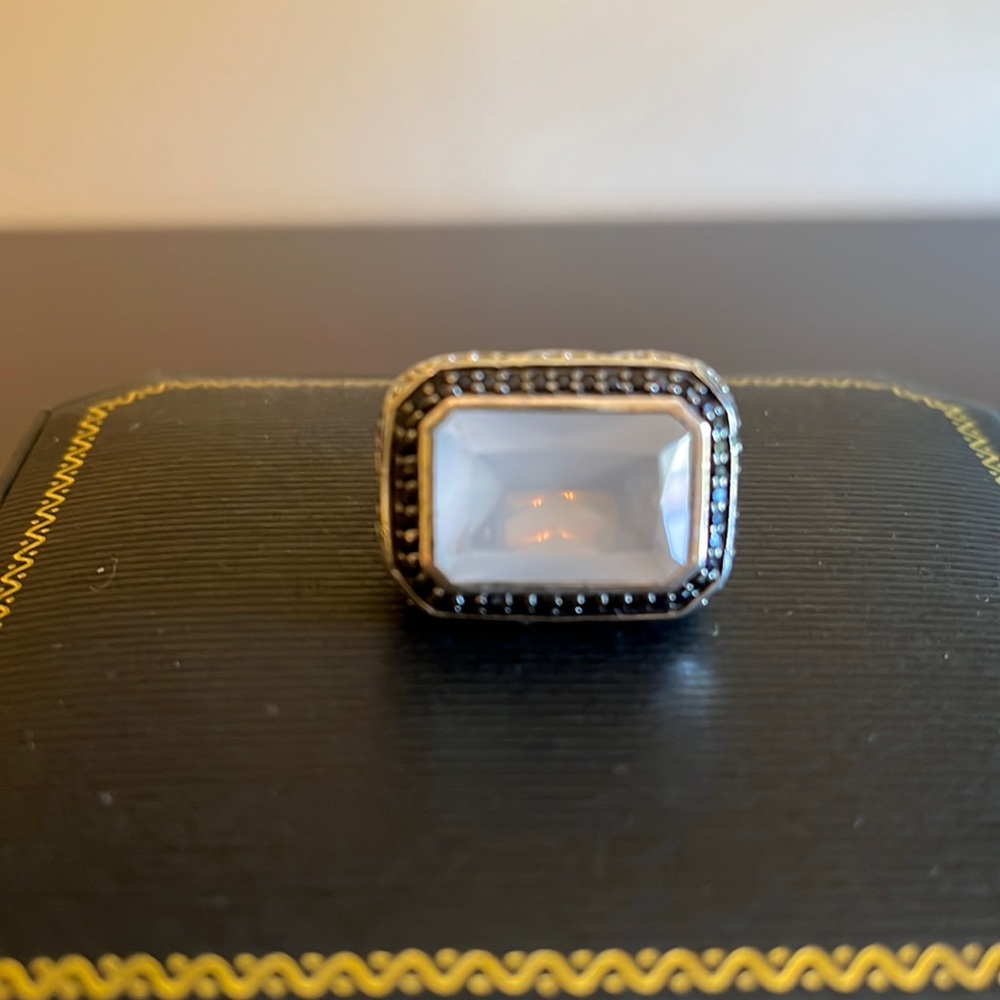Naga silver ring with milky quartz and black and white sapphires by John Hardy